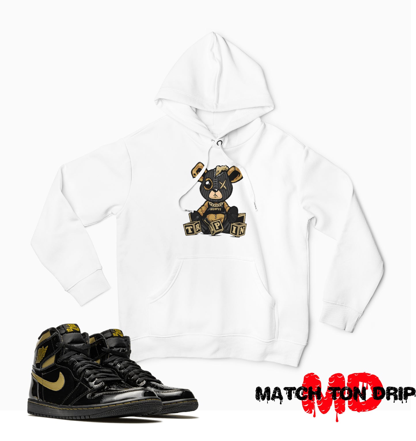 MISFIT TRAPPIN BEAR HOODIES JORDAN 1 BLACK METALLIC GOLD